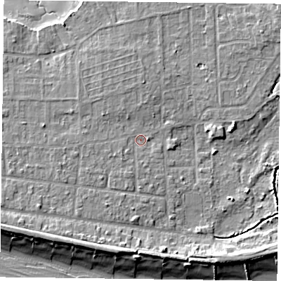 Shaded relief map of the ground around PO119RR, computed from Environment Agency LiDAR. The ground here sits at about 3 m above sea level and falls 8 m across the surrounding 800 m. Surface water reaching this point runs off ground lying to the west-south-west, 1.6 m higher.
