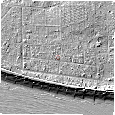 Shaded relief map of the ground around PO119RT, computed from Environment Agency LiDAR. The ground here sits at about 4 m above sea level and falls 8 m across the surrounding 800 m. Surface water reaching this point runs off ground lying to the north-west, 0.7 m higher.