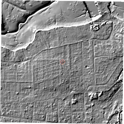 Shaded relief map of the ground around PO119RX, computed from Environment Agency LiDAR. The ground here sits at about 4 m above sea level and falls 8 m across the surrounding 800 m. Surface water reaching this point runs off ground lying to the west-south-west, 0.7 m higher.