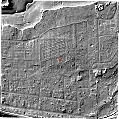 Shaded relief map of the ground around PO119RY, computed from Environment Agency LiDAR. The ground here sits at about 4 m above sea level and falls 10 m across the surrounding 800 m. Surface water reaching this point runs off ground lying to the north-north-east, 0.6 m higher.