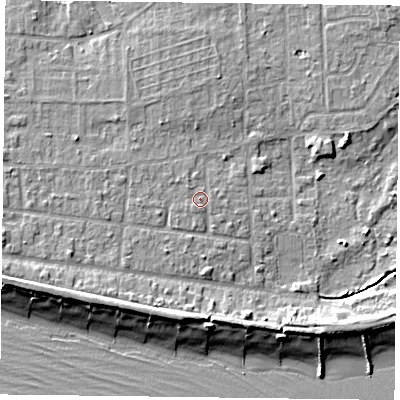 Shaded relief map of the ground around PO119RZ, computed from Environment Agency LiDAR. The ground here sits at about 4 m above sea level and falls 8 m across the surrounding 800 m. Surface water reaching this point runs off ground lying to the west, 0.8 m higher.