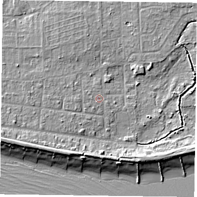 Shaded relief map of the ground around PO119SA, computed from Environment Agency LiDAR. The ground here sits at about 3 m above sea level and falls 8 m across the surrounding 800 m. Surface water reaching this point runs off ground lying to the south-west, 0.9 m higher.