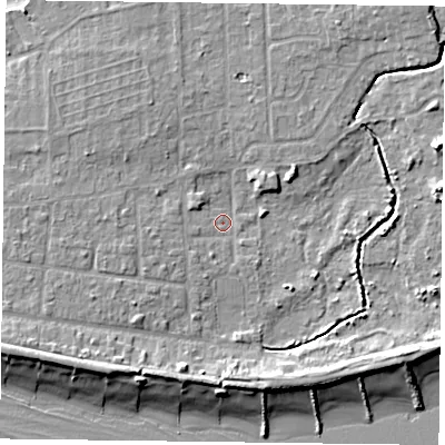 Shaded relief map of the ground around PO119SE, computed from Environment Agency LiDAR. The ground here sits at about 2 m above sea level and falls 8 m across the surrounding 800 m. Surface water reaching this point runs off ground lying to the south-west, 5.8 m higher.