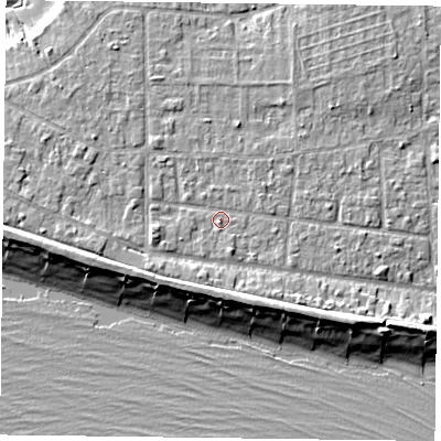 Shaded relief map of the ground around PO119SG, computed from Environment Agency LiDAR. The ground here sits at about 4 m above sea level and falls 9 m across the surrounding 800 m. Surface water reaching this point runs off ground lying to the west-south-west, 2.8 m higher.