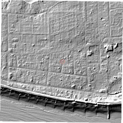 Shaded relief map of the ground around PO119SH, computed from Environment Agency LiDAR. The ground here sits at about 3 m above sea level and falls 8 m across the surrounding 800 m. Surface water reaching this point runs off ground lying to the west-south-west, 0.6 m higher.