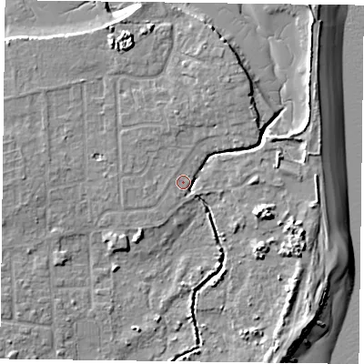 Shaded relief map of the ground around PO119SJ, computed from Environment Agency LiDAR. The ground here sits at about 2 m above sea level and falls 9 m across the surrounding 800 m. Surface water reaching this point runs off ground lying to the west, 3.0 m higher.