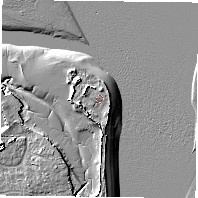 Shaded relief map of the ground around PO119SL, computed from Environment Agency LiDAR. The ground here sits at about 4 m above sea level and falls 9 m across the surrounding 800 m. Surface water reaching this point runs off ground lying to the south-south-west, 2.6 m higher.