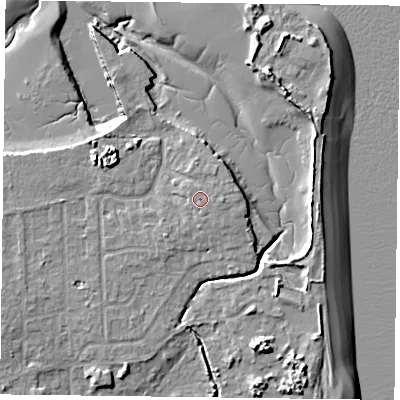 Shaded relief map of the ground around PO119SP, computed from Environment Agency LiDAR. The ground here sits at about 4 m above sea level and falls 9 m across the surrounding 800 m. Surface water reaching this point runs off ground lying to the east-north-east, 0.9 m higher.