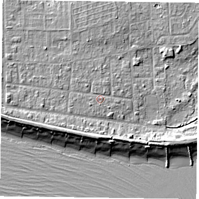 Shaded relief map of the ground around PO119SQ, computed from Environment Agency LiDAR. The ground here sits at about 3 m above sea level and falls 8 m across the surrounding 800 m. Surface water reaching this point runs off ground lying to the west-south-west, 1.1 m higher.