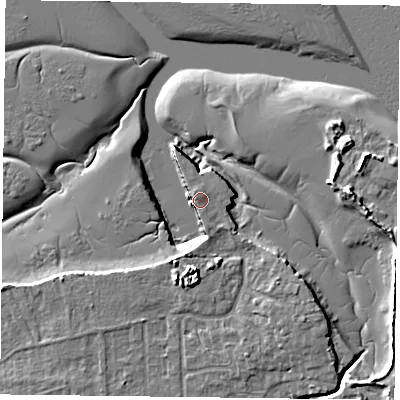 Shaded relief map of the ground around PO119SR, computed from Environment Agency LiDAR. The ground here sits at about 3 m above sea level and falls 9 m across the surrounding 800 m. Surface water reaching this point runs off ground lying to the west-north-west, 0.9 m higher.