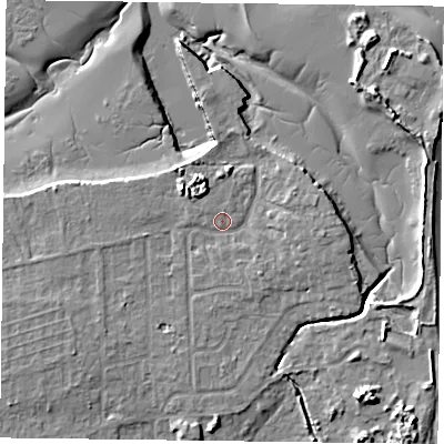 Shaded relief map of the ground around PO119SU, computed from Environment Agency LiDAR. The ground here sits at about 3 m above sea level and falls 9 m across the surrounding 800 m. Surface water reaching this point runs off ground lying to the north-north-west, 3.2 m higher.