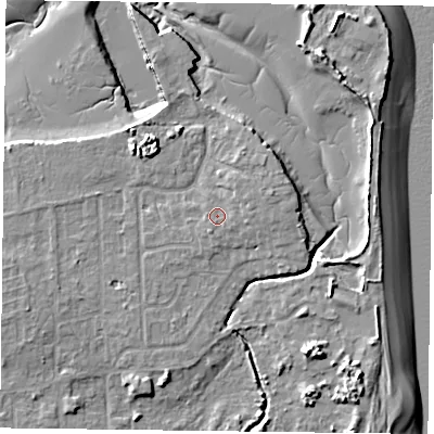 Shaded relief map of the ground around PO119SX, computed from Environment Agency LiDAR. The ground here sits at about 3 m above sea level and falls 9 m across the surrounding 800 m. Surface water reaching this point runs off ground lying to the east-north-east, 1.6 m higher.