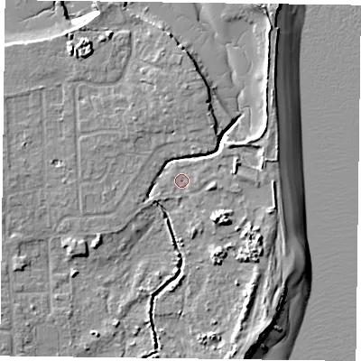 Shaded relief map of the ground around PO119TA, computed from Environment Agency LiDAR. The ground here sits at about 2 m above sea level and falls 9 m across the surrounding 800 m. Surface water reaching this point runs off ground lying to the south-east, 4.4 m higher.