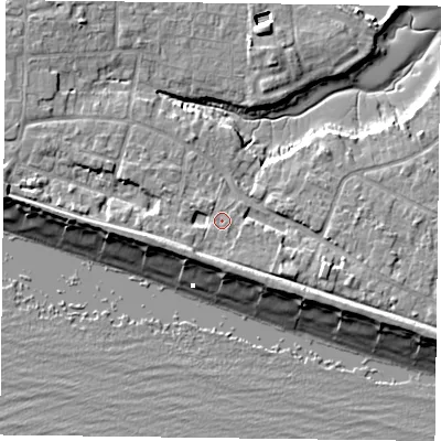 Shaded relief map of the ground around PO119UB, computed from Environment Agency LiDAR. The ground here sits at about 4 m above sea level and falls 9 m across the surrounding 800 m. Surface water reaching this point runs off ground lying to the south-west, 3.2 m higher.
