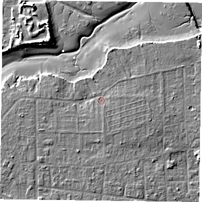Shaded relief map of the ground around PO119UH, computed from Environment Agency LiDAR. The ground here sits at about 3 m above sea level and falls 11 m across the surrounding 800 m. Surface water reaching this point runs off ground lying to the south, 1.4 m higher.