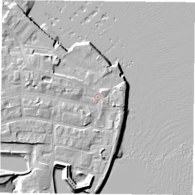 Shaded relief map of the ground around PO121AA, computed from Environment Agency LiDAR. The ground here sits at about 3 m above sea level and falls 12 m across the surrounding 800 m. Surface water reaching this point runs off ground lying to the west-north-west, 2.8 m higher.