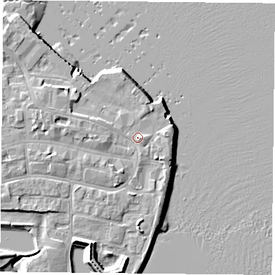 Shaded relief map of the ground around PO121AD, computed from Environment Agency LiDAR. The ground here sits at about 3 m above sea level and falls 11 m across the surrounding 800 m. Surface water reaching this point runs off ground lying to the west, 2.8 m higher.