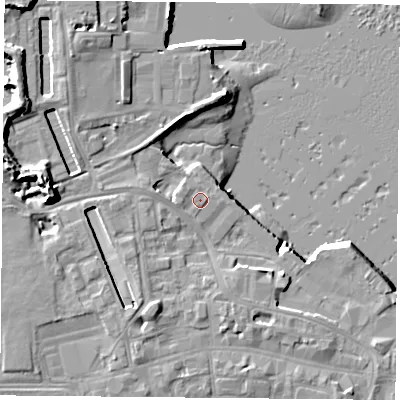 Shaded relief map of the ground around PO121AE, computed from Environment Agency LiDAR. The ground here sits at about 4 m above sea level and falls 14 m across the surrounding 800 m. Surface water reaching this point runs off ground lying to the west-south-west, 0.8 m higher.