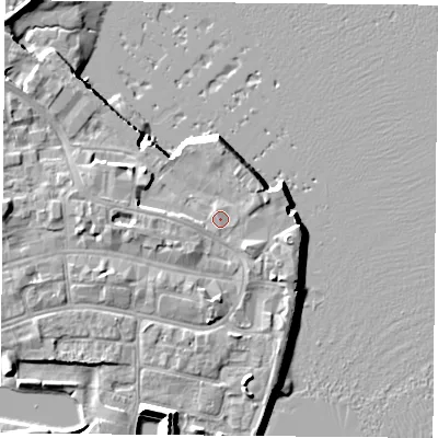 Shaded relief map of the ground around PO121AF, computed from Environment Agency LiDAR. The ground here sits at about 3 m above sea level and falls 11 m across the surrounding 800 m. Surface water reaching this point runs off ground lying to the west, 3.9 m higher.
