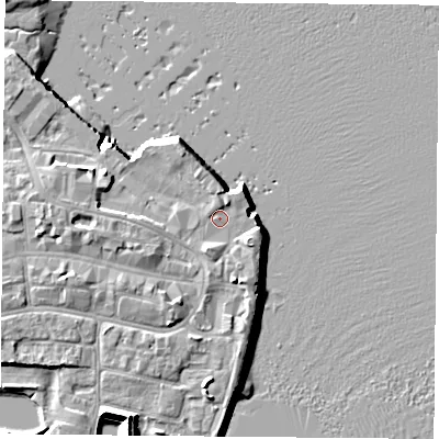 Shaded relief map of the ground around PO121AH, computed from Environment Agency LiDAR. The ground here sits at about 3 m above sea level and falls 11 m across the surrounding 800 m. Surface water reaching this point runs off ground lying to the south-south-west, 1.4 m higher.