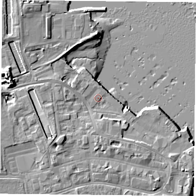 Shaded relief map of the ground around PO121AJ, computed from Environment Agency LiDAR. The ground here sits at about 3 m above sea level and falls 14 m across the surrounding 800 m. Surface water reaching this point runs off ground lying to the south-west, 4.4 m higher.