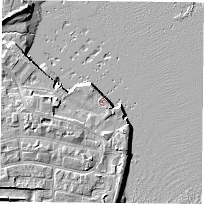 Shaded relief map of the ground around PO121AL, computed from Environment Agency LiDAR. The ground here sits at about 3 m above sea level and falls 8 m across the surrounding 800 m. Surface water reaching this point runs off ground lying to the west-north-west, 0.6 m higher.