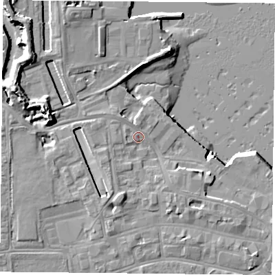 Shaded relief map of the ground around PO121AN, computed from Environment Agency LiDAR. The ground here sits at about 4 m above sea level and falls 14 m across the surrounding 800 m. Surface water reaching this point runs off ground lying to the south-south-west, 2.7 m higher.