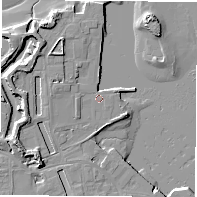 Shaded relief map of the ground around PO121AX, computed from Environment Agency LiDAR. The ground here sits at about 3 m above sea level and falls 14 m across the surrounding 800 m. Surface water reaching this point runs off ground lying to the west, 2.6 m higher.