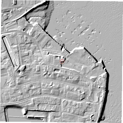 Shaded relief map of the ground around PO121BG, computed from Environment Agency LiDAR. The ground here sits at about 4 m above sea level and falls 9 m across the surrounding 800 m. Surface water reaching this point runs off ground lying to the west-south-west, 1.7 m higher.
