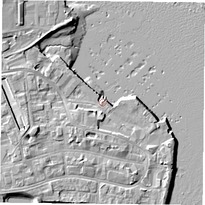 Shaded relief map of the ground around PO121BJ, computed from Environment Agency LiDAR. The ground here sits at about 3 m above sea level and falls 9 m across the surrounding 800 m. Surface water reaching this point runs off ground lying to the west-south-west, 8.5 m higher.