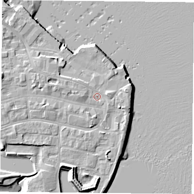 Shaded relief map of the ground around PO121BS, computed from Environment Agency LiDAR. The ground here sits at about 3 m above sea level and falls 12 m across the surrounding 800 m. Surface water reaching this point runs off ground lying to the west, 3.0 m higher.