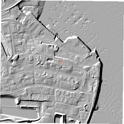 Shaded relief map of the ground around PO121DP, computed from Environment Agency LiDAR. The ground here sits at about 4 m above sea level and falls 11 m across the surrounding 800 m. Surface water reaching this point runs off ground lying to the west, 1.8 m higher.