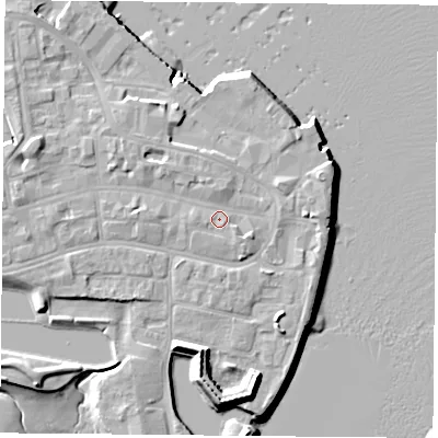 Shaded relief map of the ground around PO121DS, computed from Environment Agency LiDAR. The ground here sits at about 4 m above sea level and falls 12 m across the surrounding 800 m. Surface water reaching this point runs off ground lying to the west-north-west, 3.3 m higher.