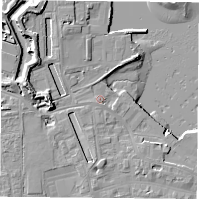 Shaded relief map of the ground around PO121EN, computed from Environment Agency LiDAR. The ground here sits at about 4 m above sea level and falls 14 m across the surrounding 800 m. Surface water reaching this point runs off ground lying to the south-west, 1.7 m higher.