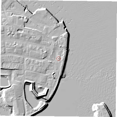 Shaded relief map of the ground around PO121EP, computed from Environment Agency LiDAR. The ground here sits at about 3 m above sea level and falls 11 m across the surrounding 800 m. Surface water reaching this point runs off ground lying to the south-south-west, 2.1 m higher.