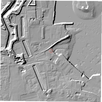 Shaded relief map of the ground around PO121EQ, computed from Environment Agency LiDAR. The ground here sits at about 4 m above sea level and falls 14 m across the surrounding 800 m. Surface water reaching this point runs off ground lying to the west-south-west, 8.8 m higher.