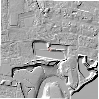 Shaded relief map of the ground around PO121FA, computed from Environment Agency LiDAR. The ground here sits at about 2 m above sea level and falls 11 m across the surrounding 800 m. Surface water reaching this point runs off ground lying to the north-west, 4.5 m higher.
