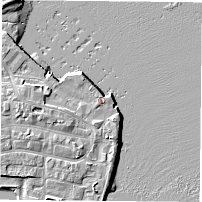 Shaded relief map of the ground around PO121FJ, computed from Environment Agency LiDAR. The ground here sits at about 3 m above sea level and falls 11 m across the surrounding 800 m. Surface water reaching this point runs off ground lying to the east-south-east, 0.9 m higher.