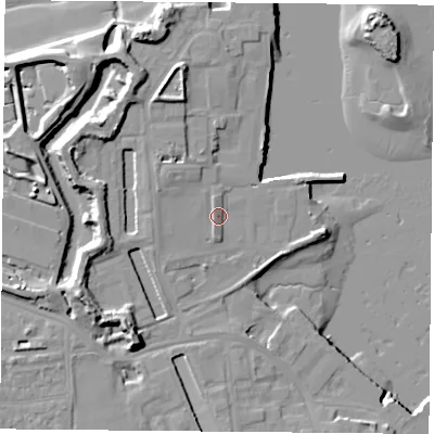 Shaded relief map of the ground around PO121FN, computed from Environment Agency LiDAR. The ground here sits at about 4 m above sea level and falls 14 m across the surrounding 800 m. Surface water reaching this point runs off ground lying to the west, 1.9 m higher.
