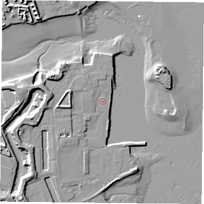 Shaded relief map of the ground around PO121FX, computed from Environment Agency LiDAR. The ground here sits at about 3 m above sea level and falls 14 m across the surrounding 800 m. Surface water reaching this point runs off ground lying to the west-north-west, 5.4 m higher.