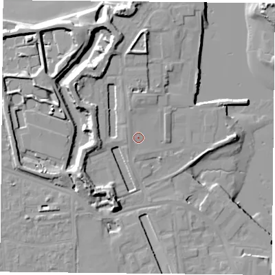 Shaded relief map of the ground around PO121FY, computed from Environment Agency LiDAR. The ground here sits at about 5 m above sea level and falls 14 m across the surrounding 800 m. Surface water reaching this point runs off ground lying to the west, 0.9 m higher.