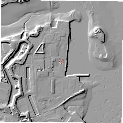 Shaded relief map of the ground around PO121GF, computed from Environment Agency LiDAR. The ground here sits at about 3 m above sea level and falls 14 m across the surrounding 800 m. Surface water reaching this point runs off ground lying to the west, 7.9 m higher.