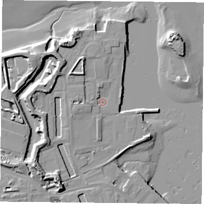 Shaded relief map of the ground around PO121GJ, computed from Environment Agency LiDAR. The ground here sits at about 3 m above sea level and falls 14 m across the surrounding 800 m. Surface water reaching this point runs off ground lying to the west, 3.8 m higher.