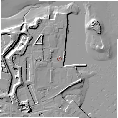 Shaded relief map of the ground around PO121GL, computed from Environment Agency LiDAR. The ground here sits at about 3 m above sea level and falls 14 m across the surrounding 800 m. Surface water reaching this point runs off ground lying to the west-north-west, 7.9 m higher.