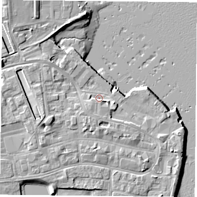 Shaded relief map of the ground around PO121GX, computed from Environment Agency LiDAR. The ground here sits at about 3 m above sea level and falls 13 m across the surrounding 800 m. Surface water reaching this point runs off ground lying to the south-south-west, 2.7 m higher.
