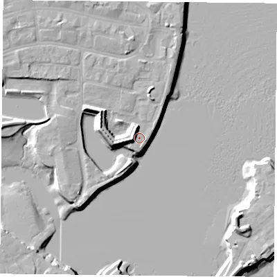 Shaded relief map of the ground around PO121HJ, computed from Environment Agency LiDAR. The ground here sits at about 3 m above sea level and falls 11 m across the surrounding 800 m. Surface water reaching this point runs off ground lying to the west-south-west, 6.4 m higher.