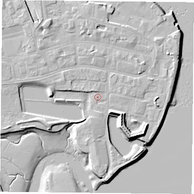 Shaded relief map of the ground around PO121HP, computed from Environment Agency LiDAR. The ground here sits at about 4 m above sea level and falls 11 m across the surrounding 800 m. Surface water reaching this point runs off ground lying to the west-north-west, 2.2 m higher.