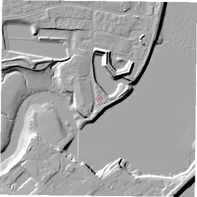Shaded relief map of the ground around PO121HT, computed from Environment Agency LiDAR. The ground here sits at about 3 m above sea level and falls 11 m across the surrounding 800 m. Surface water reaching this point runs off ground lying to the east-north-east, 2.0 m higher.