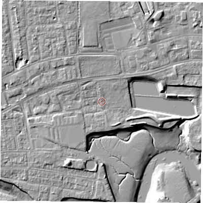 Shaded relief map of the ground around PO121ND, computed from Environment Agency LiDAR. The ground here sits at about 3 m above sea level and falls 9 m across the surrounding 800 m. Surface water reaching this point runs off ground lying to the north-west, 2.5 m higher.