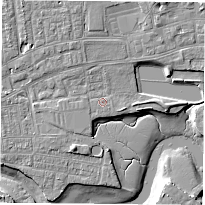 Shaded relief map of the ground around PO121NF, computed from Environment Agency LiDAR. The ground here sits at about 4 m above sea level and falls 9 m across the surrounding 800 m. Surface water reaching this point runs off ground lying to the south-west, 1.0 m higher.